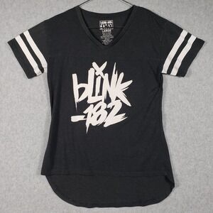Blink-182 Smiley Logo T-Shirt Men's L Black White Varsity Stripe Sleeve‎ Raglan